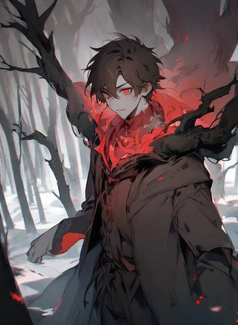 young man ,Male Dark, dark Woods, cold red colors, man brown hair with red eye, Warlock dnd , ghoul body