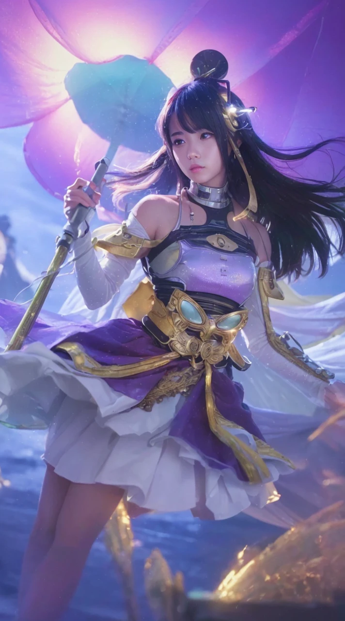 1girl, beautiful girl, purple skirt, lace top, stockings, bare shoulders, hyper-realistic, extremely detailed face, beautiful detailed eyes, long eyelashes, beautiful detailed lips, highly detailed, (best quality,4k,8k,highres,masterpiece:1.2),ultra-detailed,(realistic,photorealistic,photo-realistic:1.37),cinematic lighting, volumetric fog, neon city, rainy atmosphere, futuristic technology, glowing cybernetic implants