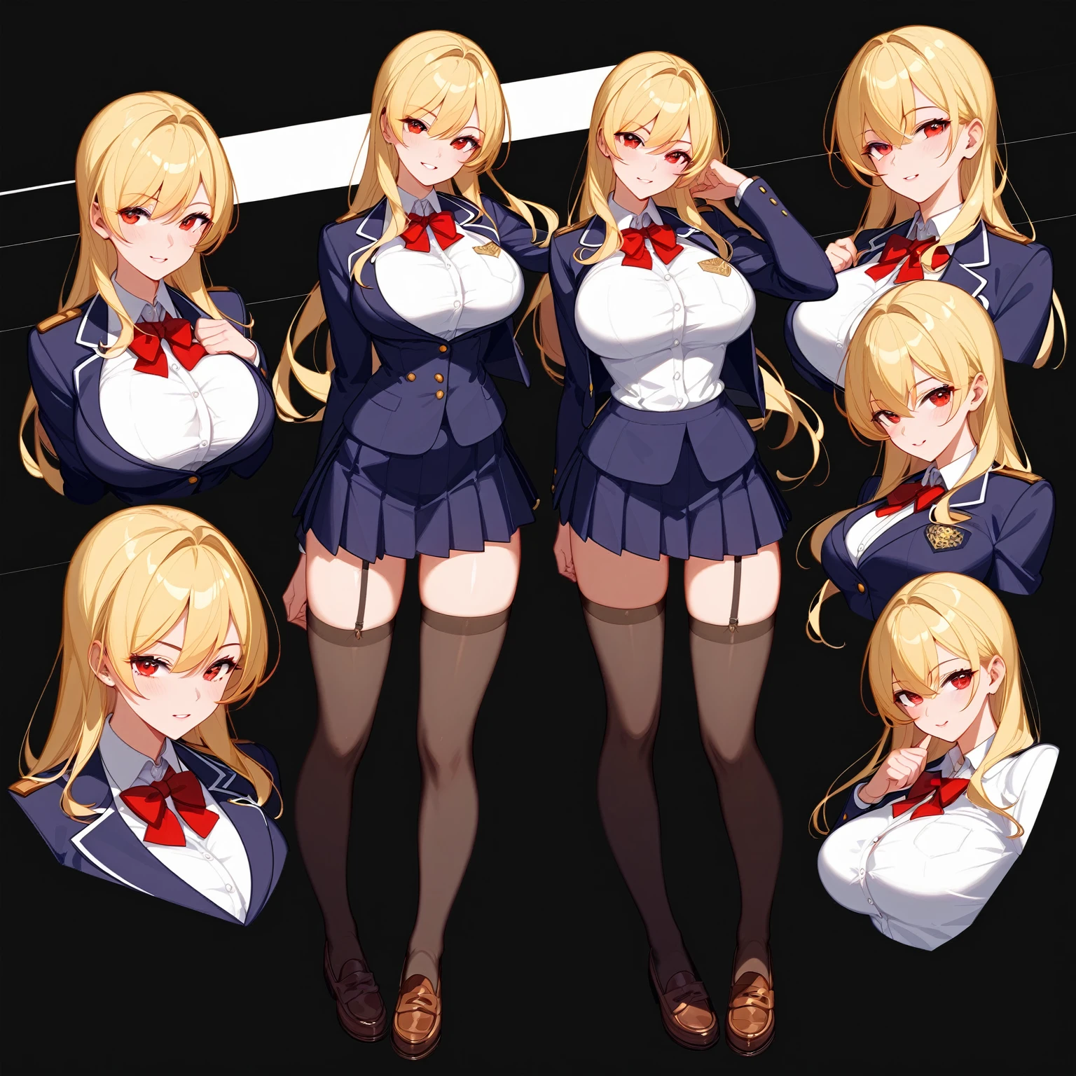 Highest quality, Ultra-detailed CG Unity 8k Wallpaper, Beautiful details、Large Breasts、Blonde、T-pose、White Shirt、mini skirt、Red ribbon、Lady、Slanted Eyes,Arrogant、uniform、Video Game Character Design、blazer、whole body、Front view、whole body画、Character Sheet、Mr.々A pose、Game setting materials、Character setting materials、stockings、loafers