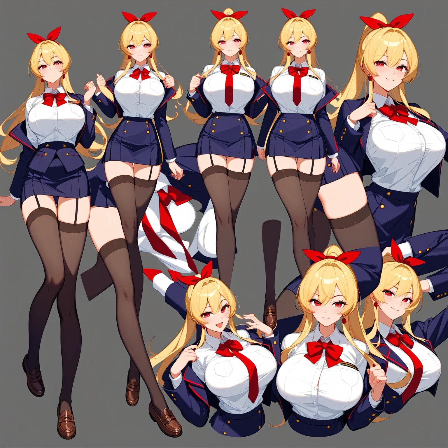 Highest quality, Ultra-detailed CG Unity 8k Wallpaper, Beautiful details、Large Breasts、Blonde、T-pose、White Shirt、mini skirt、Red ribbon、Lady、Slanted Eyes,Arrogant、uniform、Video Game Character Design、blazer、whole body、Front view、whole body画、Character Sheet、Mr.々A pose、Game setting materials、Character setting materials、stockings、loafers