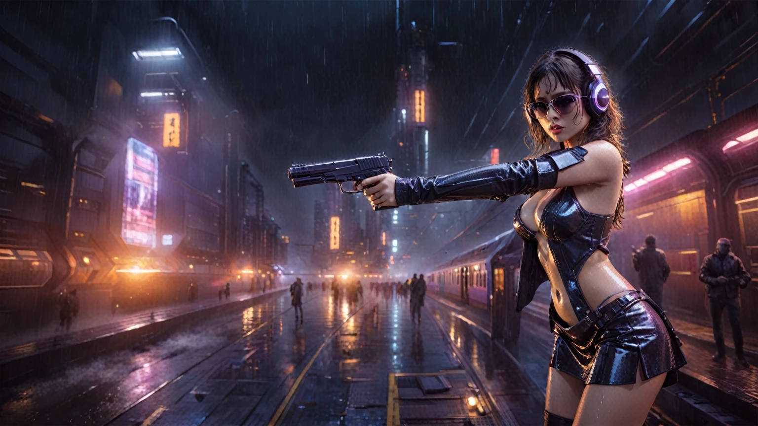 (((aerial view))), Blade Runner style futuristic railway platform, hi-tech train, neon lights, rainy night. (1girl, solo, alone), large-breast:1.2 slim body, cleavage:1.1, sexy wind blowing wet dress:1.4, headphone, (black sunglasses), (((she raised a pistol:1.8 and shot:1.8 the viewer))), dynamic pose, (((half-body thigh level medium shot))), cinematic lighting, lens flare, ray tracing, blurred:1.4 background.