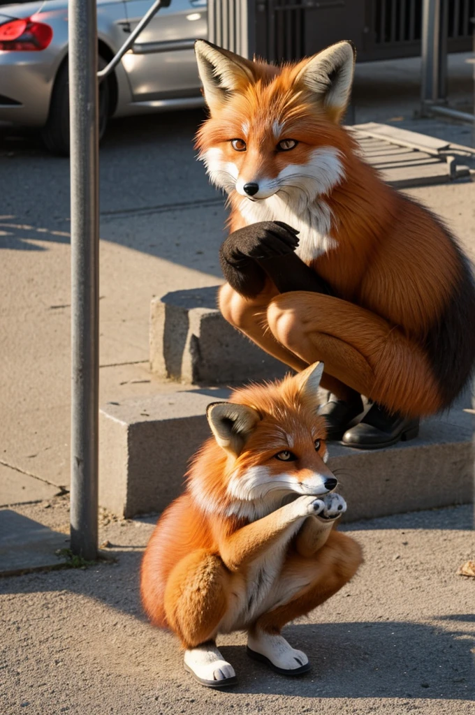 An little furry fox girl squatting with