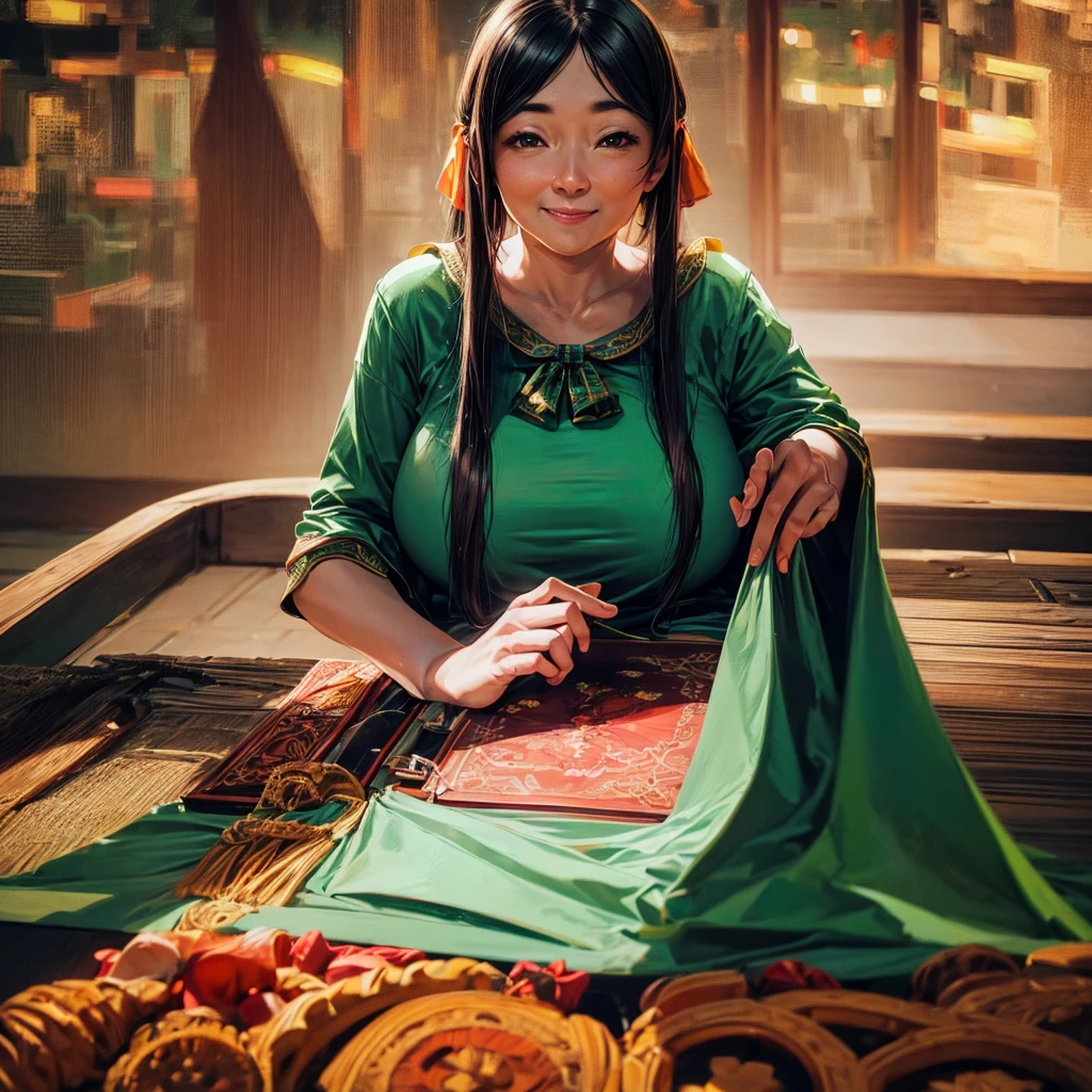 8k, RAW photos, best quality, masterpiece: 1.2), (realistic, photo-realistic: 1.37), highly detailed, 1 girl, beautiful, korean, beautiful sky detail, detailed view, day, standing, dating, (red nose ),(smile: 1.1),(closed mouth),big breasts, seductive smile, large aparture, professional lighting, Sony A7R4, Zessie 50mm F1.8,, hand in front of head:1.5,mole under eye:1.2 medium breasts , beautiful eyes details, (green sexy dress: 1.1), bow tie, shorts, (long hair: 1.2), floating hair INFO