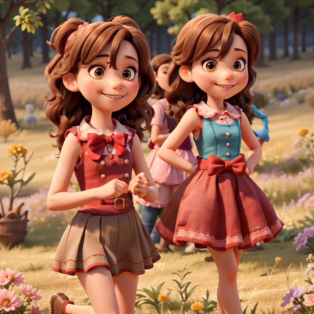 a girl with pink sleeveless dress, red bow on hair, peter pan collars, knee length hemline, light brown hair, in the meadow.