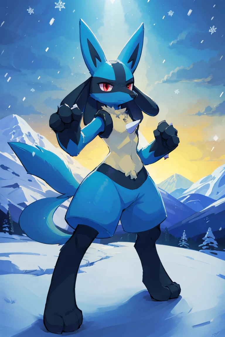 Lucario, standing, chest spike, mountains, snowing, snow, dynamic pose, combat pose, epic, cinematic lighting, volume lighting, bright tone, warm color, colorful,, masterpiece, super detail, high quality, award winning, best quality, highres, 16k