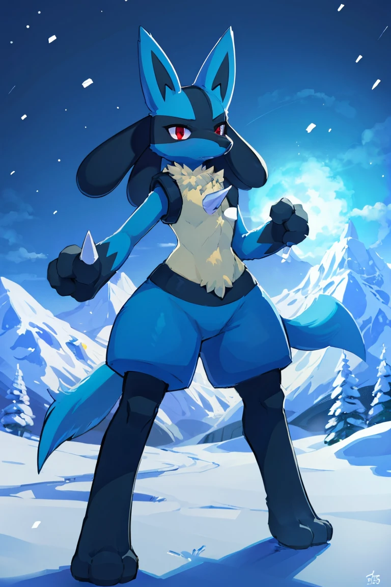 Lucario, standing, chest spike, mountains, snowing, snow, dynamic pose, combat pose, epic, cinematic lighting, volume lighting, bright tone, warm color, colorful,, masterpiece, super detail, high quality, award winning, best quality, highres, 16k