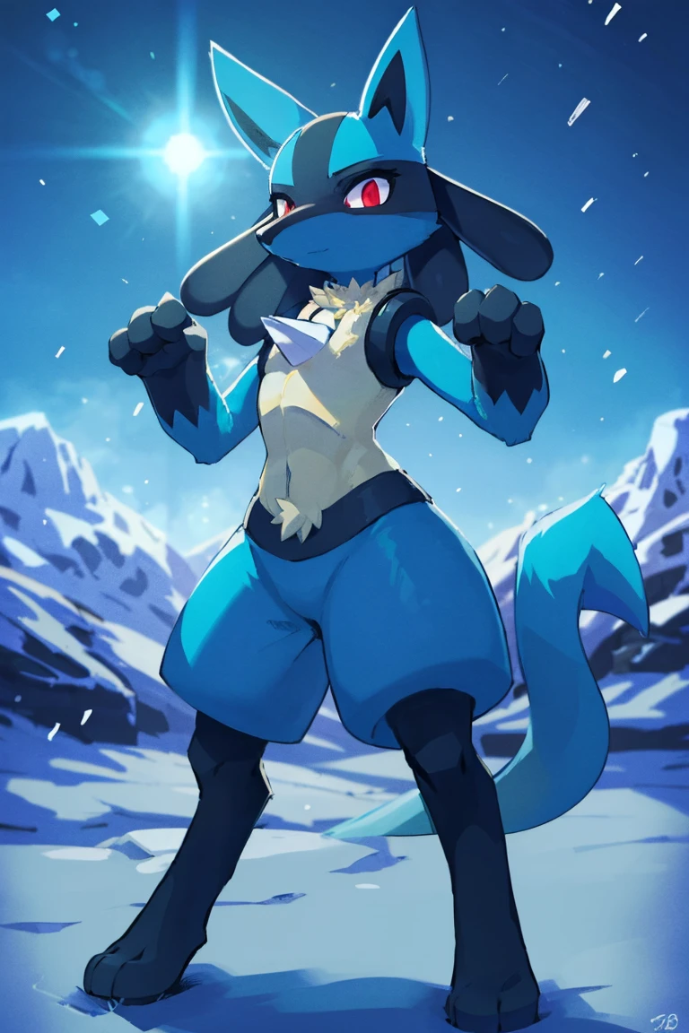 Lucario, standing, chest spike, mountains, snowing, snow, dynamic pose, combat pose, epic, cinematic lighting, volume lighting, bright tone, warm color, colorful,, masterpiece, super detail, high quality, award winning, best quality, highres, 16k