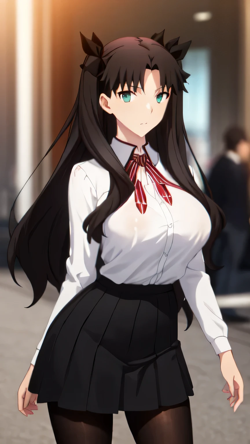 (front view detailed body, long belly , slender body, tight body , thicc, medium breast, breast, long thighs, masterpiece, long hair, very long hair, , (tohsaka_rin_fatestaynightufotable:1.10) , cowboy shot, front shot, looking at viewer, shirt, skirt, parted skirt, mini skirt , school_uniform, pantyhose, day, outdoors, 20yo,Young female,Beautiful Finger,Beautiful long legs,Beautiful body,Beautiful Nose,Beautiful character design, perfect eyes, perfect face,expressive eyes, looking at viewer,(Full_body),(Focus on her face), official art,extremely detailed CG unity 8k wallpaper, perfect lighting,Colorful, Bright_Front_face_Lighting,shiny skin, (masterpiece:1.0),(best_quality:1.0), ultra high res,4K,ultra-detailed, photography, 8K, HDR, highres, absurdres:1.2, Kodak portra 400, film grain, blurry background, bokeh:1.2, lens flare, (vibrant_color:1.2) (Beautiful,large_Breasts:1.4), (beautiful_face:1.5),(narrow_waist), facing the viewer