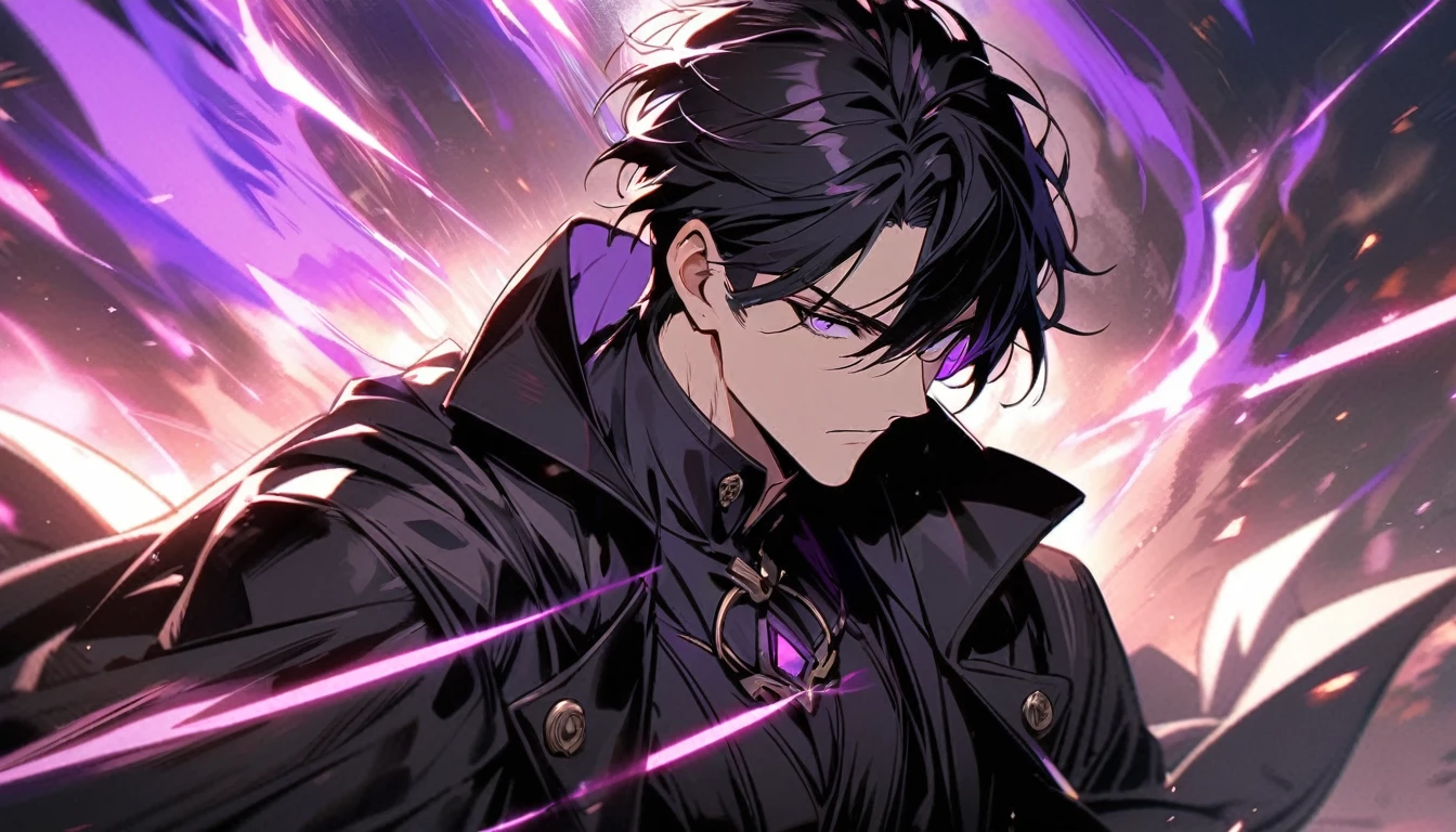 handsome, alone, 1 man, short hair, black hair, purple eyes, black shirt, black coat, Lots of power 
