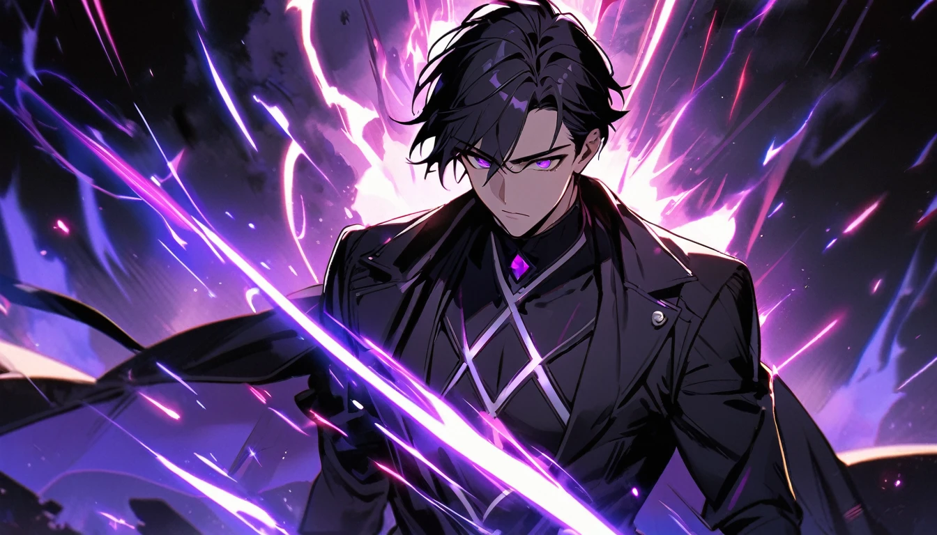 handsome, alone, 1 man, short hair, black hair, purple eyes, black shirt, black coat, Lots of power 