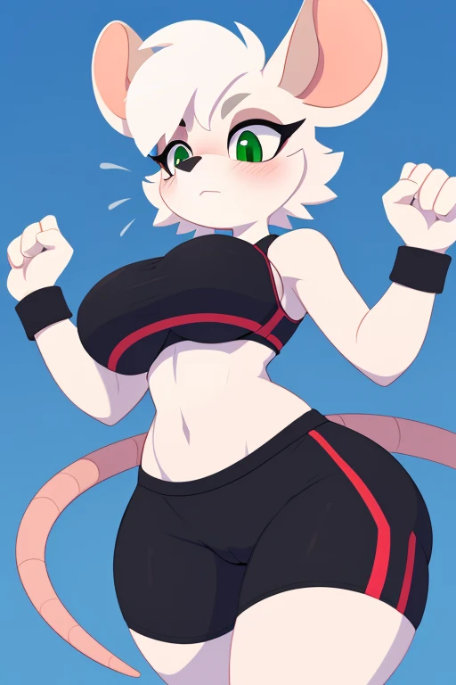 high quality, high res, outline, , mouse, rodent, female, by whygena, reggie_(whygena furry), , wide hips, flat colours, outlines, lines, huge thighs, white body, pink rat tail, white hair, short asymetric hair, green eyes, long eyelids, eyes looking down at , cheek tuft, black sport bra, sport shorts, black sport clothes, flat snout, small snout, asymetric hair, blush on face, underboob , huge breasts, huge thighs, hands up, girly wrist, 4fingers,nsfw.