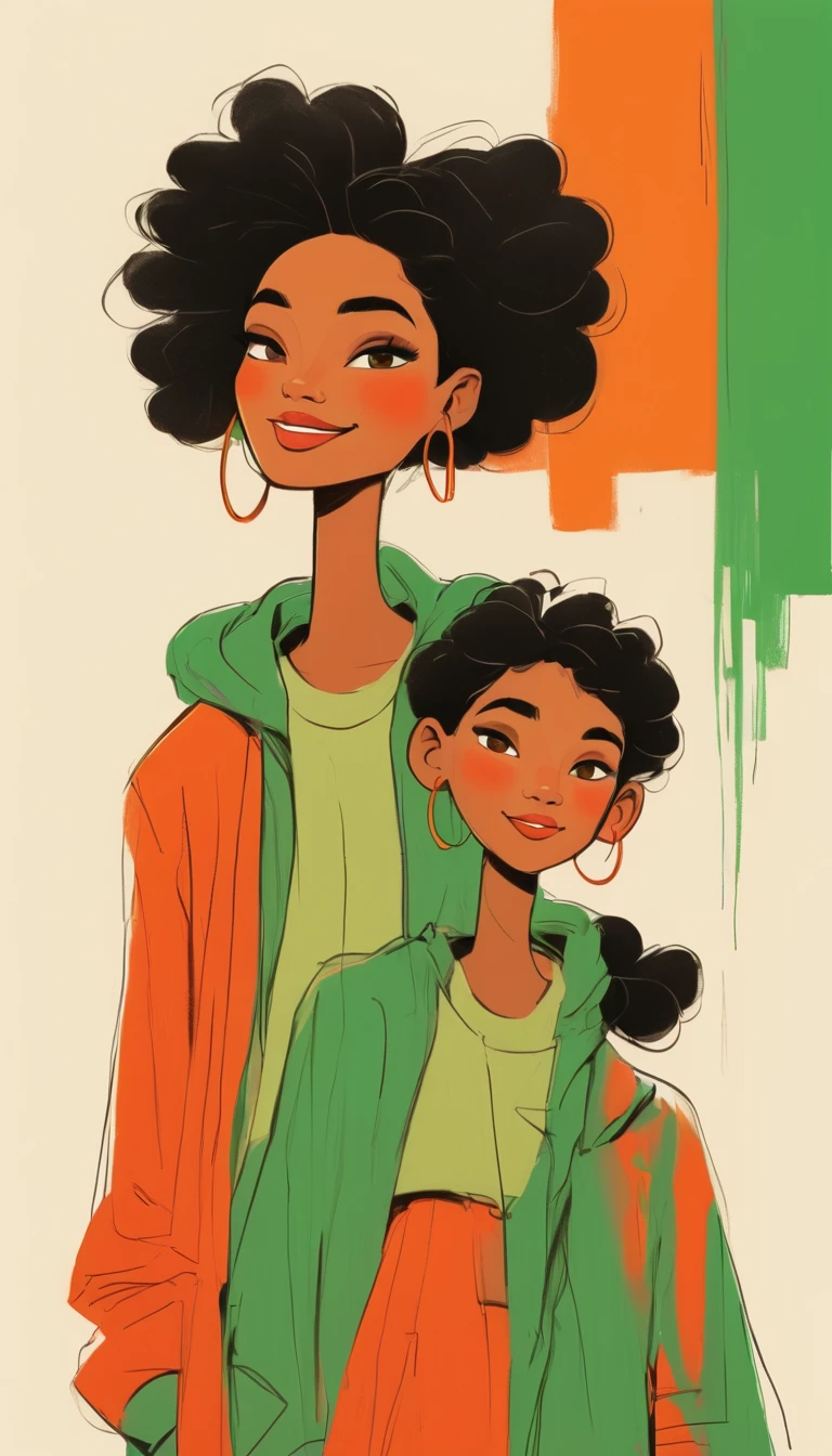 (((Exaggerated digital character sketches:1.37))).(Happy family),(black速写线条,Loose brushstrokes create the outline,Cartoon Style. Bright colors and simplified lines, sketch)。green,orange color,red,black