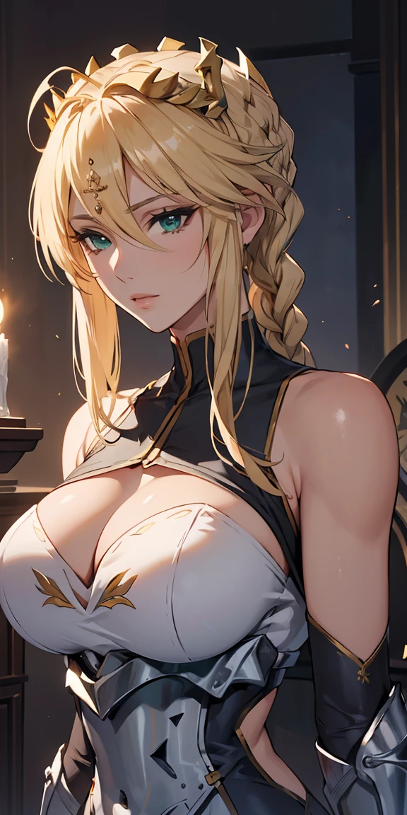 Mulher Madura, elegante, cabelo loiro, olhos verdes, Curvilíneo, coroa, Ombro nu, tronco, Resolução 4k, alta qualidade, Hyperresolution,accuracy,Detailed rendering,(Subtle facial image)(Image of fine hair)(topquality)(Masterpieces of masters)(High degree of completeness)(A sense of atmosphere)tmasterpiece,Super detailed and super detailed(portrait), long blonde hair, (((twin braids)))(((ANKLE LENGTH HAIR))) (((Sakimichan))) (((blonde)))((Armor)) ((Halberd))) (((warrior))) (((Tanned skin)))(((Ankle length hair))) (((Thick twin braids)))