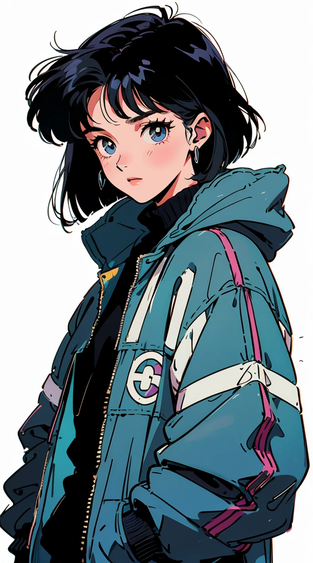 Best image quality, 90s style anime, 21 year old girl, Black Hair, Short hair with bangs, Slanted Eyes, Wearing a loose parka, 90s fashion, White Background