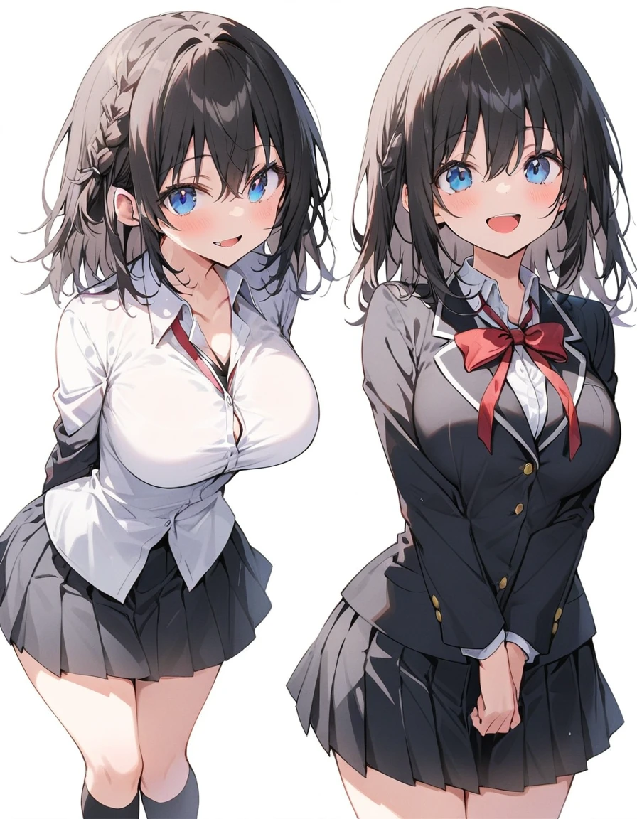 White Background、White background、Blank Background、Just standing girl, One Girl、コミカルなMedaka、Medaka、Ultra-high resolution, Highest quality,Fishbone Braid Hachebone Hair、Black Hair、Full Body Shot,Put your arms behind your back、Put your hands behind your back、Hide your hands、、Beautiful attention to detail、Black Hair × blue eyes、blue eyes、open your mouth without showing your teeth、Laugh with your mouth wide open、 black long sleeve blazer,Black pleated skirt、Knee-high socks、loafers、