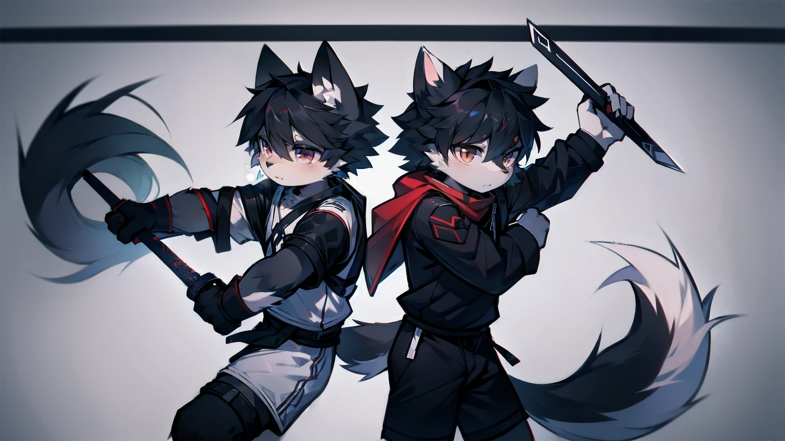 White Wolf,black hair,Red eyes,Wolf ears,Wolf Tail,juvenile,male,hairy,Hair,Half body armor,Combat uniform,Silver and black clothing,Handsome,Handsome,shorts,The forearm is exposed,leg,Fighting Stance,Duel,Two people,Anxious,Armed with a sword,Simple background,Swords