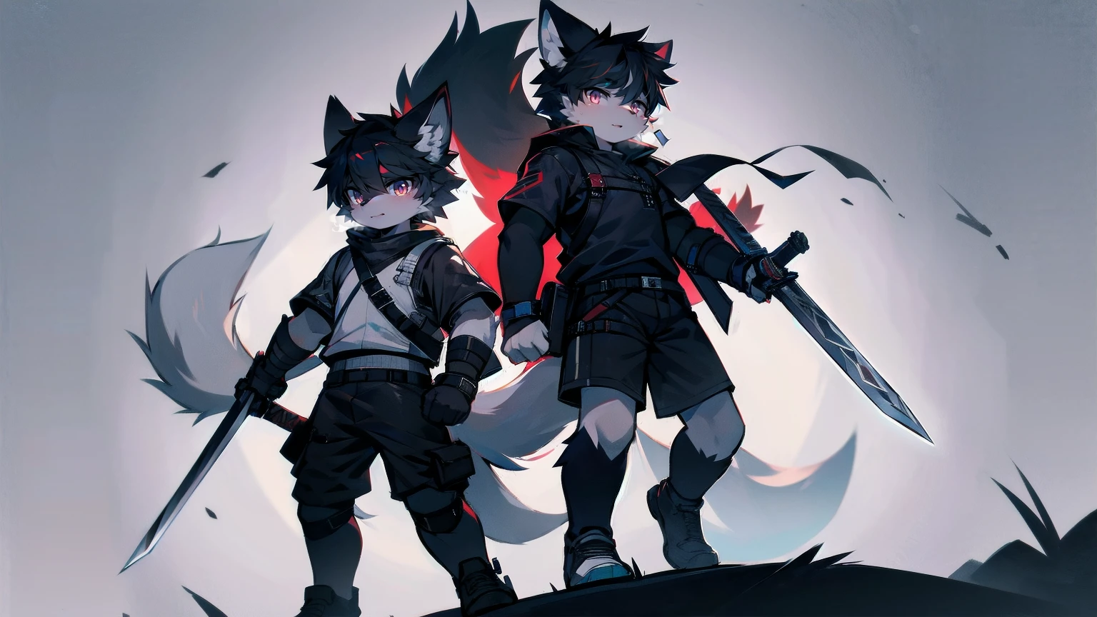 White Wolf,black hair,Red eyes,Wolf ears,Wolf Tail,juvenile,male,hairy,Hair,Half body armor,Combat uniform,Silver and black clothing,Handsome,Handsome,shorts,The forearm is exposed,leg,Fighting Stance,Duel,Two people,Anxious,Armed with a sword,Simple background,Swords