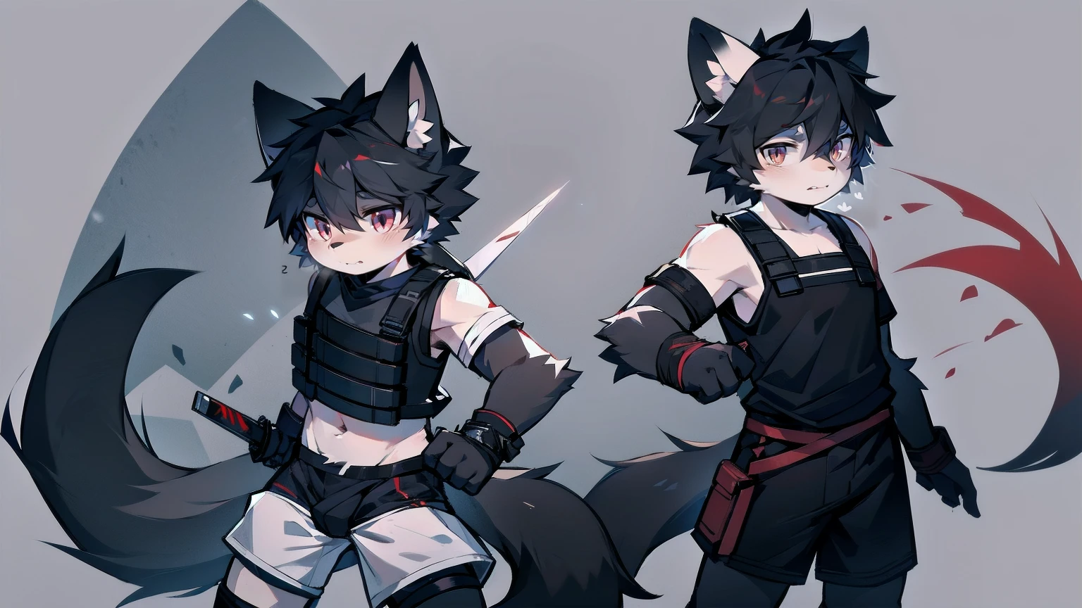White Wolf，black hair，Red eyes，Wolf ears，Wolf Tail，juvenile，male，hairy，Hair，Half body armor，Combat uniform，Silver and black clothing，Handsome，Handsome，shorts，The forearm is exposed，leg，Fighting Stance，Duel，Two people，Anxious，Armed with a sword，Simple background，Swords