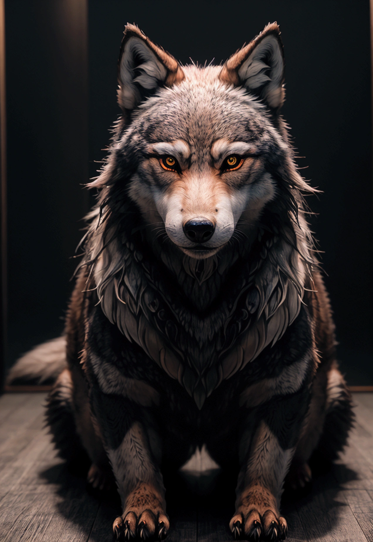 A detailed, highly realistic depiction of the Honshu wolf, a mythological creature from Japanese folklore, with Japanese calligraphy, ookami, elegant wolf, highly detailed fur, fierce glowing eyes, intricate details, 8K, photorealistic, masterpiece, dramatic lighting, moody atmosphere, vibrant colors, cinematic composition