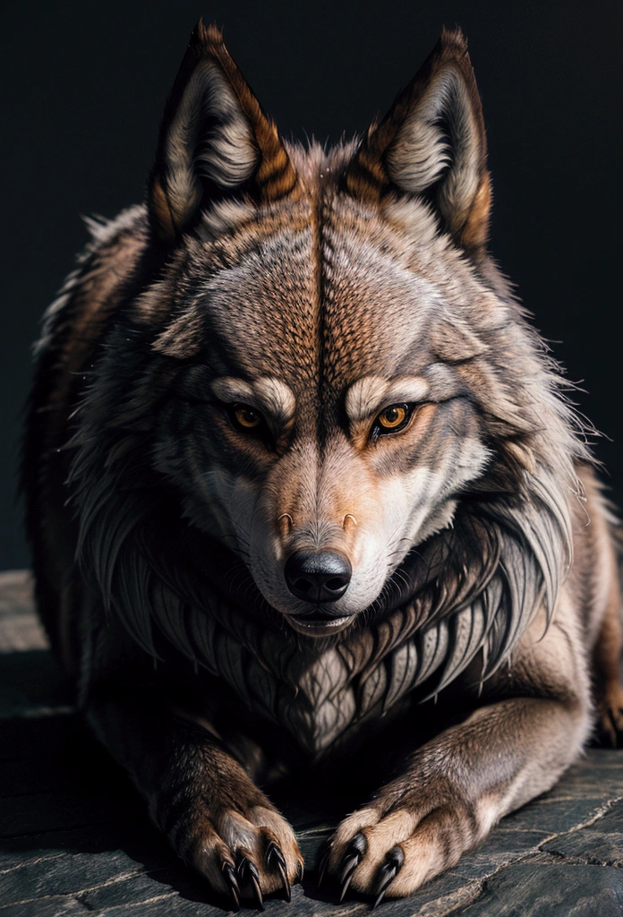 A detailed, highly realistic depiction of the Honshu wolf, a mythological creature from Japanese folklore, with Japanese calligraphy, ookami, elegant wolf, highly detailed fur, fierce glowing eyes, intricate details, 8K, photorealistic, masterpiece, dramatic lighting, moody atmosphere, vibrant colors, cinematic composition