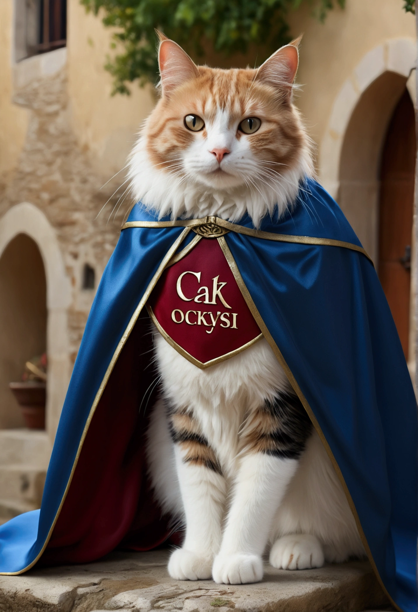 (best quality,4K,8k,A high resolution,master part:1.2),ultra detali,(Realistic,photorrealistic,photo-realistic:1.37),a cat wearing cape, written "Ocksyi" on the cape, medieval fantasy background