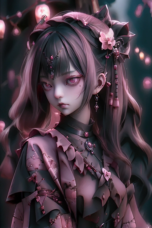 woman、whole body,Game character costumes,novel,Gothic Lolita,dress,image color: Black and Pink,Cobblestones, lanthanum, shrine, cherry blossoms, petals in the wind, Calm, mysterious, high quality, Dark look,Detailed eye design,