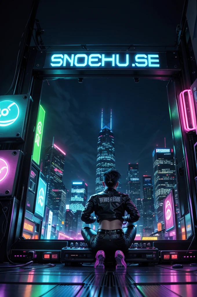 A realistic album cover for an electronic music CD, featuring a futuristic cityscape with neon lights, a DJ in the foreground with turntables, and vibrant, energetic colors. The overall aesthetic should be modern and dynamic, capturing the essence of electronic dance music. Include the title "Electro Vibes" and artist name "DJ Pulse".