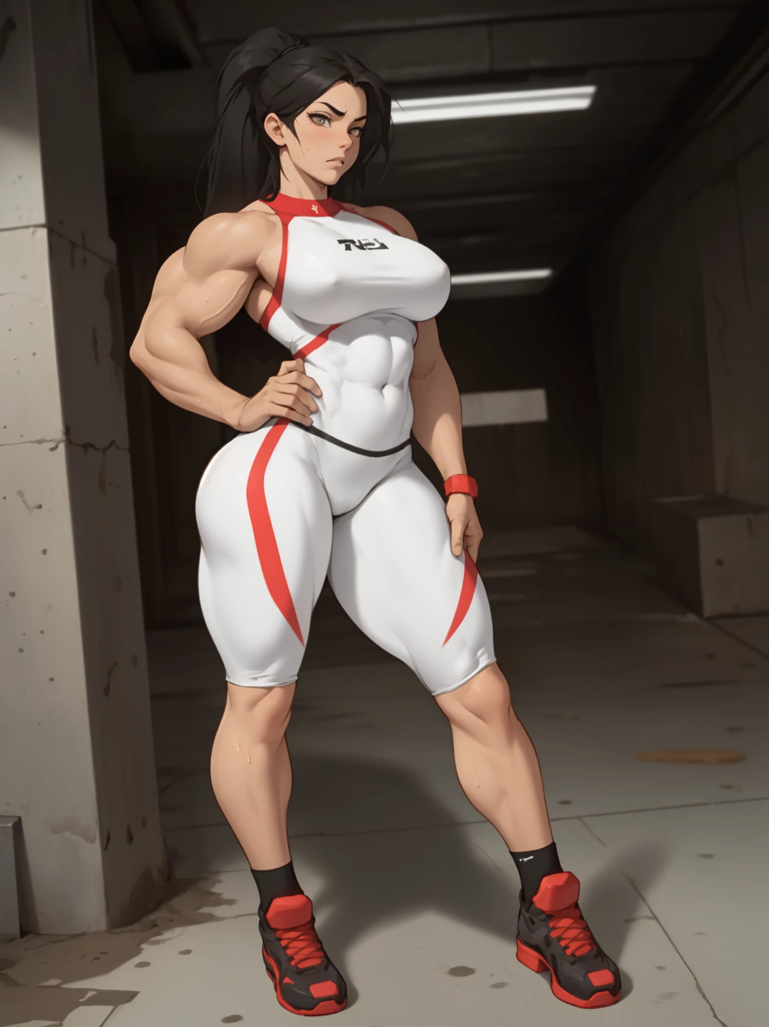 ((((((1girl)))))) (((((muscular))))) ((thick thighs huge breasts)) black hair yellow eyes solo angry pale skin sweaty concrete wall very long hair pilot suit curvy wide hips bodybuilder ((full body))