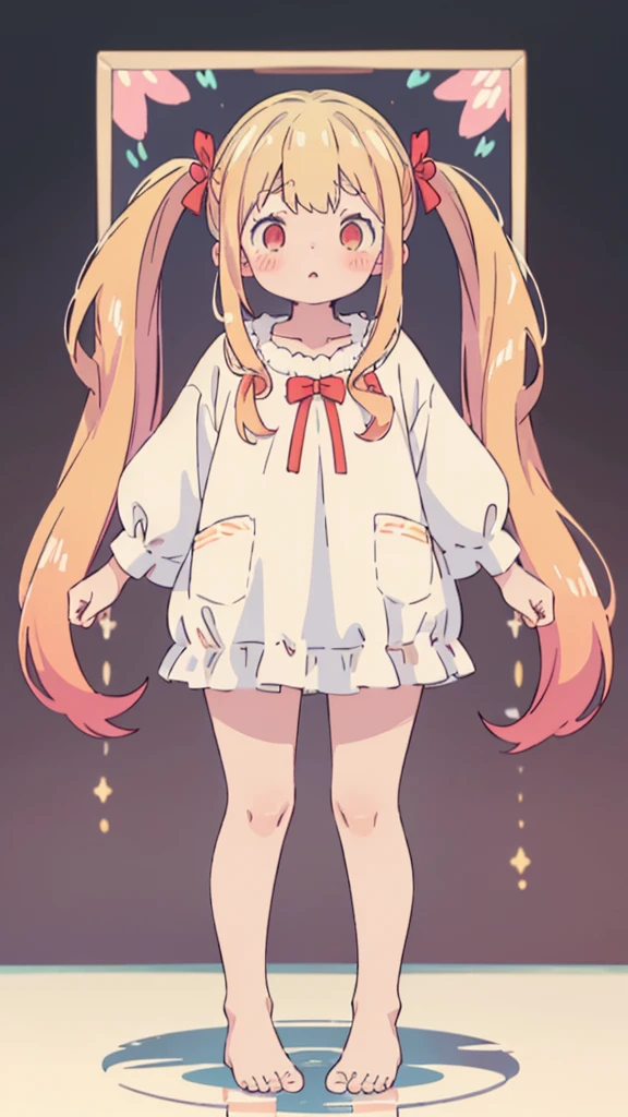((masterpiece))((Highest quality))girl、Confused eyes、blush、Flat Chest、Are thin、Blonde Hair、blush、Are standing、Whole body image、Eye level on face、、No background、Hair is two colors、Twin tails、Red Eyes、Two-tone red and yellow hair、Whole body image、Reflected to the toes