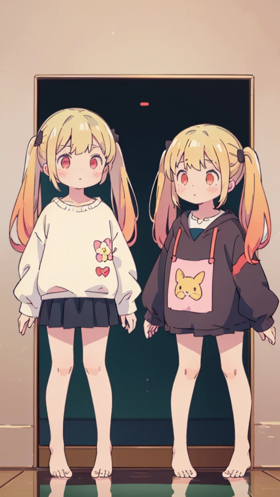 ((masterpiece))((Highest quality))girl、Confused eyes、blush、Flat Chest、Are thin、Blonde Hair、blush、Are standing、Whole body image、Eye level on face、、No background、Hair is two colors、Twin tails、Red Eyes、Two-tone red and yellow hair、Whole body image、Reflected to the toes