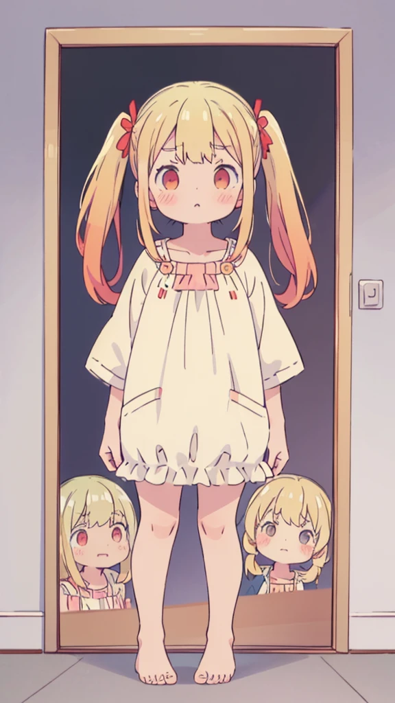((masterpiece))((Highest quality))girl、Confused eyes、blush、Flat Chest、Are thin、Blonde Hair、blush、Are standing、Whole body image、Eye level on face、、No background、Hair is two colors、Twin tails、Red Eyes、Two-tone red and yellow hair、Whole body image、Reflected to the toes