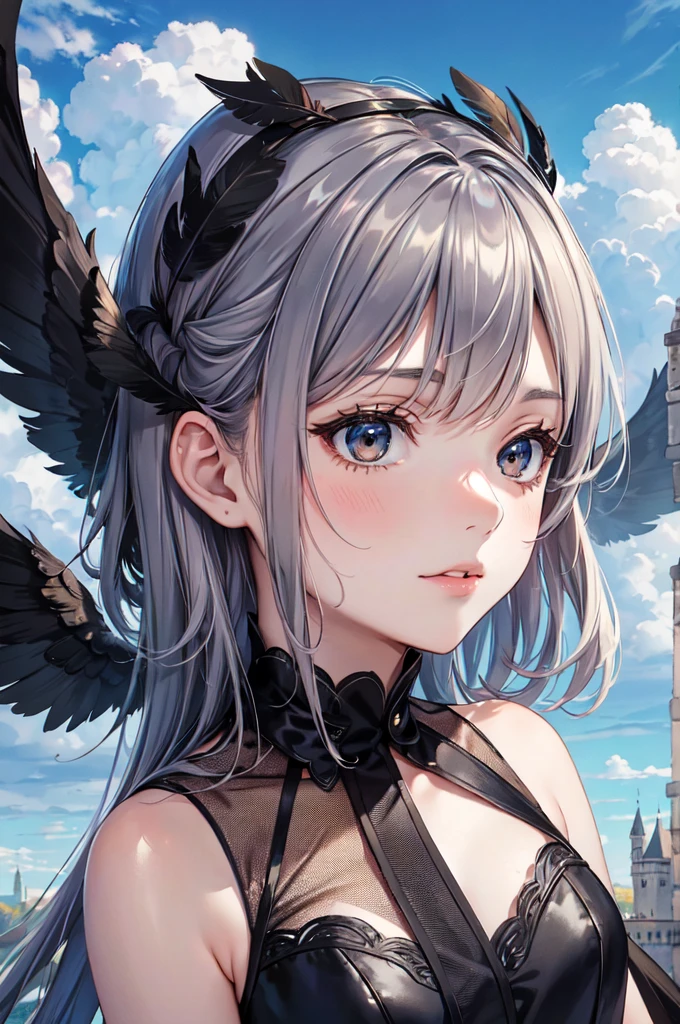 masterpiece, Angel Girl, young，12 years old，Brunette with wings, Black dress with feathers, Close-up portrait, Delicate face, Lots of black feathers, silver，Black Wings, Blue sky, cloud, castle, whole body,(Cover Style:1.3)
