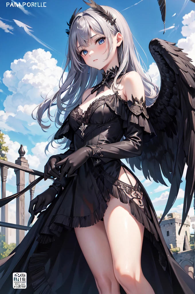 masterpiece, Angel Girl, young，12 years old，Brunette with wings, Black dress with feathers, Close-up portrait, Delicate face, Lots of black feathers, silver，Black Wings, Blue sky, cloud, castle, whole body,(Cover Style:1.3)
