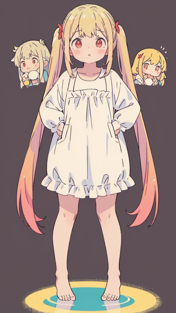 ((masterpiece))((Highest quality))girl、Confused eyes、blush、Flat Chest、Are thin、Blonde Hair、blush、Are standing、Whole body image、Eye level on face、、No background、Hair is two colors、Twin tails、Red Eyes、Two-tone red and yellow hair、Whole body image、Reflected to the toes