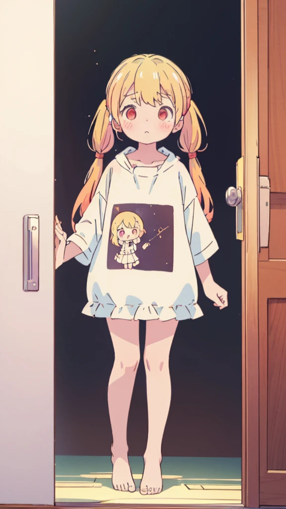 ((masterpiece))((Highest quality))girl、Confused eyes、blush、Flat Chest、Are thin、Blonde Hair、blush、Are standing、Whole body image、Eye level on face、、No background、Hair is two colors、Twin tails、Red Eyes、Two-tone red and yellow hair、Whole body image、Reflected to the toes
