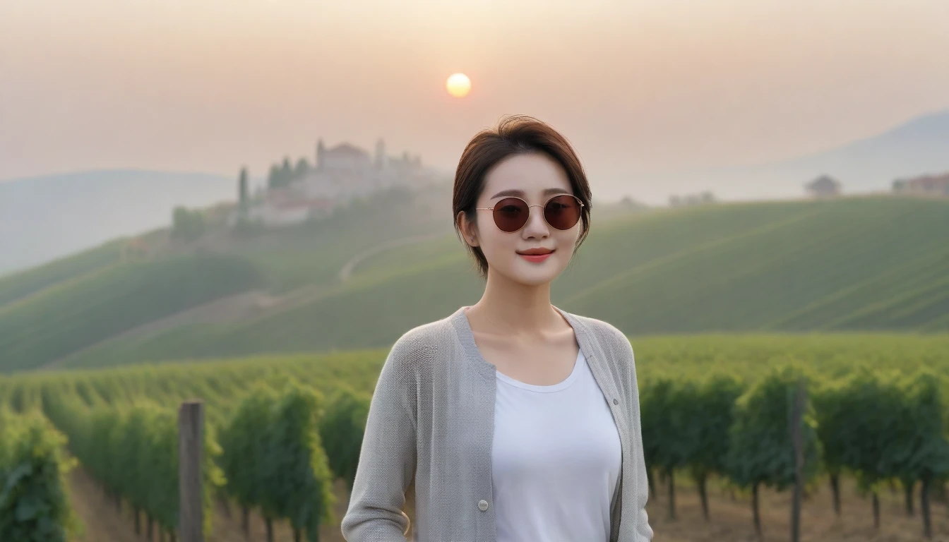 8k realistic, lifelike photo,, 36 year old Korean woman, Short in stature, pretty like a model. White shirt and short cardigan, casual pants, short medium hair, Smiley, Italy. vineyard, thick dawn fog. vineyard 멀리 짙은 안개 속으로 성당이 보인다. 1 woman, Short in stature, Excellent picture quality, The morning fog is thick, The picture quality is alive. Looking up the side, sunrise red light, Wide angle lens full body shot, A monastery can be seen in the distance, on the hill, Smiley, horn-rimmed sunglasses