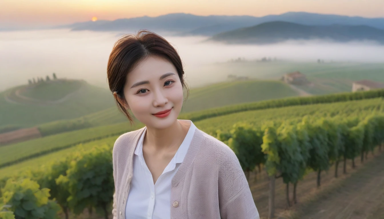 8k realistic, lifelike photo,, 36 year old Korean woman, Short in stature, pretty like a model. White shirt and short cardigan, casual pants, short medium hair, Smiley, Italy. vineyard, thick dawn fog. vineyard 멀리 짙은 안개 속으로 성당이 보인다. 1 woman, Short in stature, Excellent picture quality, The morning fog is thick, The picture quality is alive. Looking up the side, sunrise red light, Wide angle lens full body shot, A monastery can be seen in the distance, on the hill, Smiley, horn-rimmed sunglasses