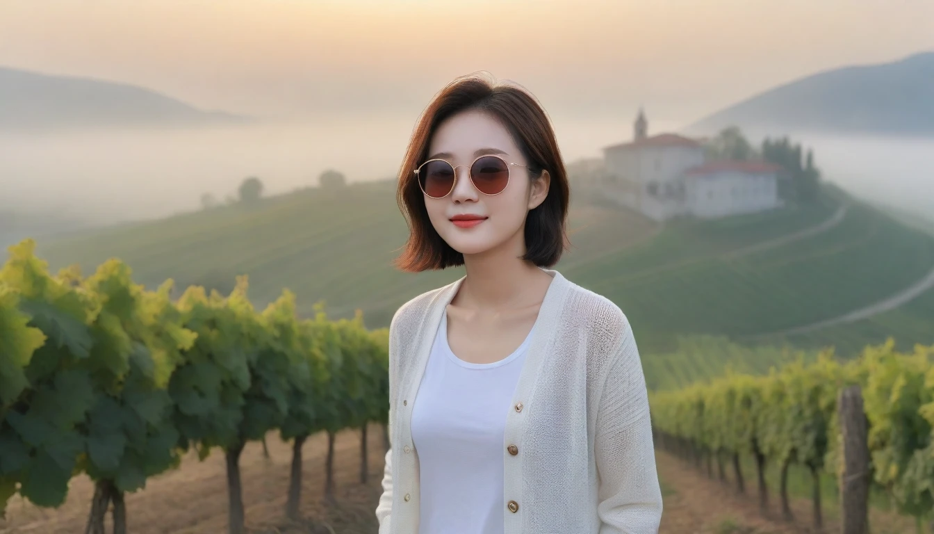 8k realistic, lifelike photo,, 36 year old Korean woman, Short in stature, pretty like a model. White shirt and short cardigan, casual pants, short medium hair, Smiley, Italy. vineyard, thick dawn fog. vineyard 멀리 짙은 안개 속으로 성당이 보인다. 1 woman, Short in stature, Excellent picture quality, The morning fog is thick, The picture quality is alive. Looking up the side, sunrise red light, Wide angle lens full body shot, A monastery can be seen in the distance, on the hill, Smiley,  horn-rimmed sunglasses