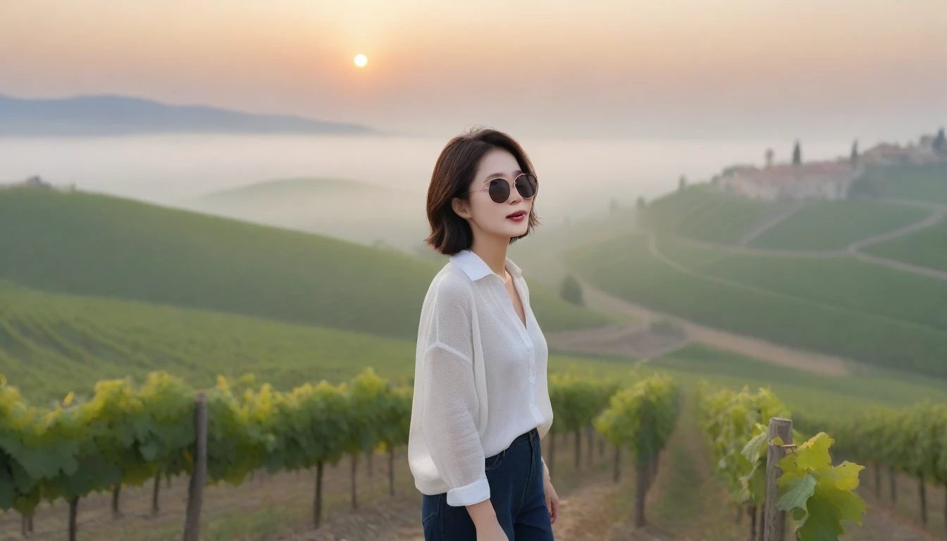 8k realistic, lifelike photo,, 36 year old Korean woman, Short in stature, pretty like a model. White shirt and short cardigan, casual pants, short medium hair, Smiley, Italy. vineyard, thick dawn fog. vineyard 멀리 짙은 안개 속으로 성당이 보인다. 1 woman, Short in stature, Excellent picture quality, The morning fog is thick, The picture quality is alive. Looking up the side, sunrise red light, Wide angle lens full body shot, A monastery can be seen in the distance, on the hill, Smiley, horn-rimmed sunglasses