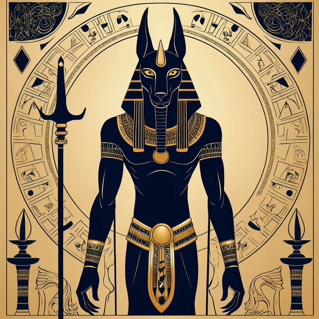 Create a detailed, stylized illustration of Anubis, the jackal-headed Egyptian god, for a shirt print. The image should show Anubis in a majestic pose, holding a scepter or scales, symbolizing his function as guide of souls and protector of the dead. Use a gold-rich color palette, black and blue, and incorporate elements such as hieroglyphics, geometric patterns and ornamental details around it. Art must convey the mystical and powerful aura of Anubis, ideal for a shirt print que seja tanto moderna quanto respeitosa à mitologia egípcia.