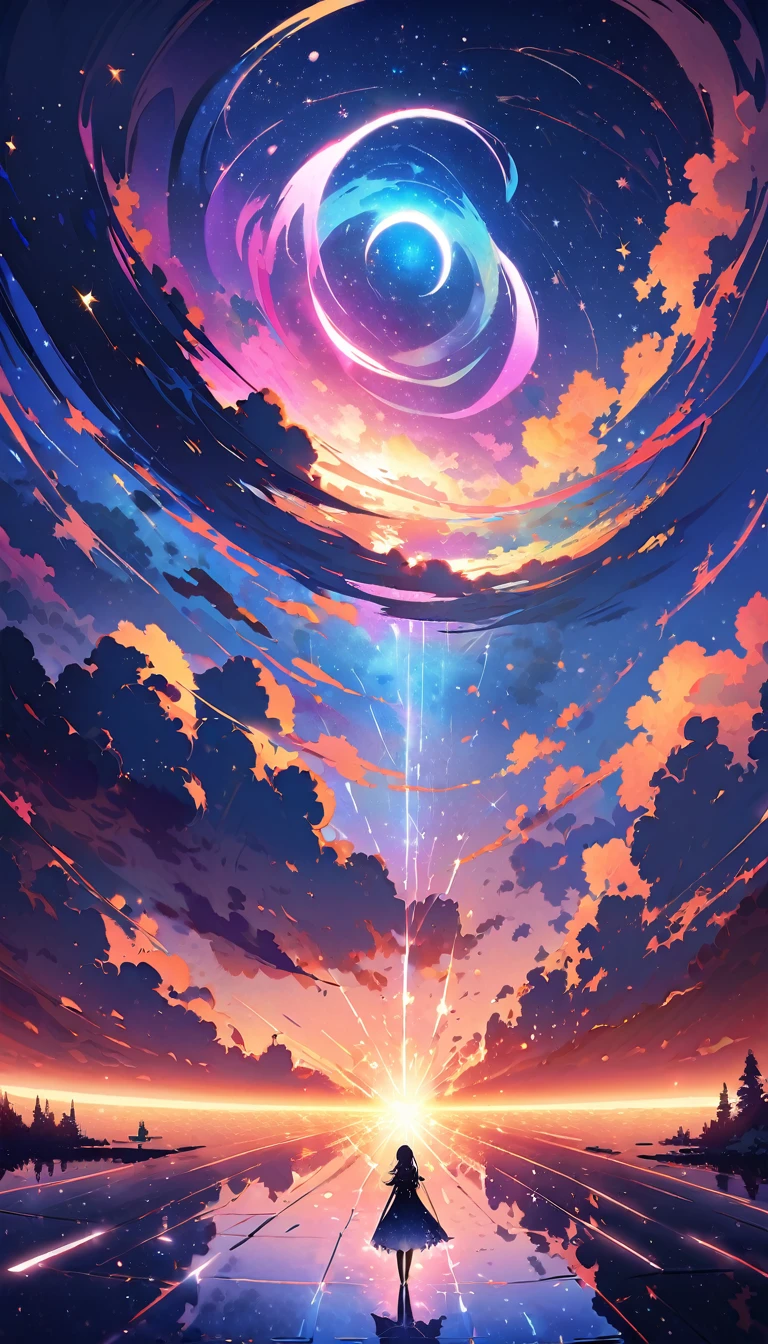 a grand and fantastical night sky scene. In the center of the image, depict a strong light that appears like a black hole or a gateway to space, making this light the focal point of the entire piece. The night sky should be filled with numerous stars, particularly increasing in brightness toward the center. Clouds should dynamically spread across the sky, surrounding the light. Illustrate a flow of light from the lower part of the image toward the center, guiding the viewer's gaze from the horizon to the heavens. At the bottom, include silhouettes of trees and buildings to create a contrast that emphasizes the grandeur of the sky. Use a color scheme based on various shades of blue and white, along with the glow of the stars, to evoke the coldness and mystique of the night sky. Apply fine details and smooth gradients throughout the artwork to convey a sense of both fantasy and realism.