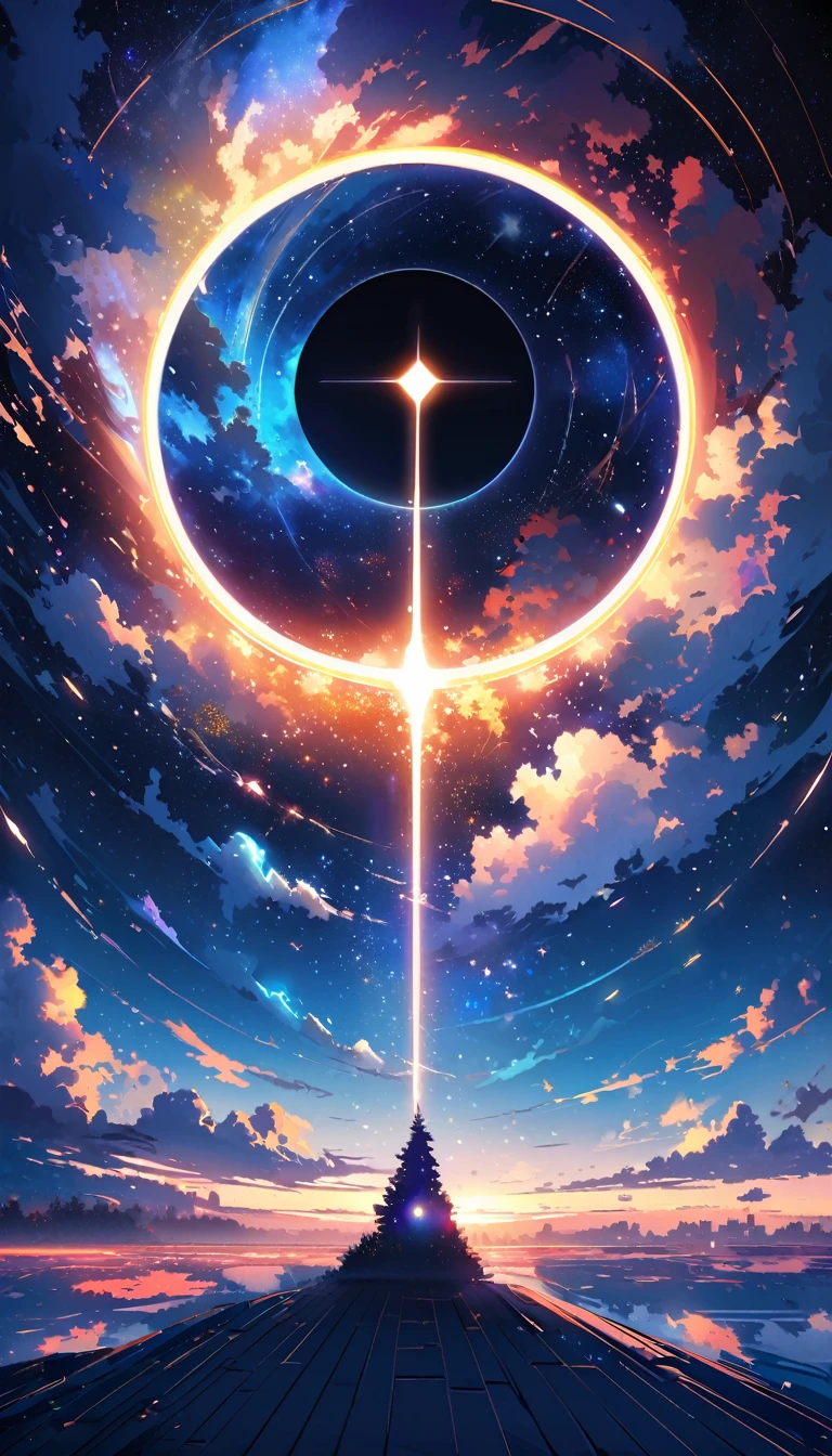 a grand and fantastical night sky scene. In the center of the image, depict a strong light that appears like a black hole or a gateway to space, making this light the focal point of the entire piece. The night sky should be filled with numerous stars, particularly increasing in brightness toward the center. Clouds should dynamically spread across the sky, surrounding the light. Illustrate a flow of light from the lower part of the image toward the center, guiding the viewer's gaze from the horizon to the heavens. At the bottom, include silhouettes of trees and buildings to create a contrast that emphasizes the grandeur of the sky. Use a color scheme based on various shades of blue and white, along with the glow of the stars, to evoke the coldness and mystique of the night sky. Apply fine details and smooth gradients throughout the artwork to convey a sense of both fantasy and realism.