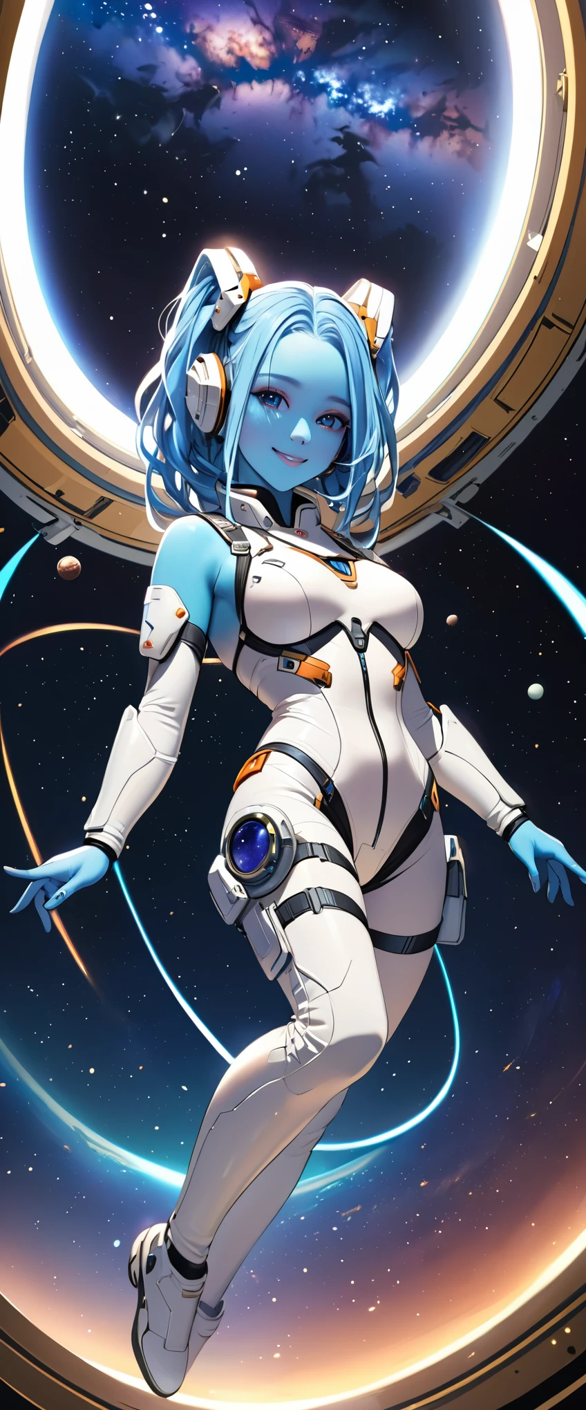 (Beautiful alien woman flying in space),(Blue Skin),(Dreadlocks),Space Tech Suit,Milky Way,milky way,(Cute smile),(sexy),(((Hand,detailed,perfect,perfection,hands)))