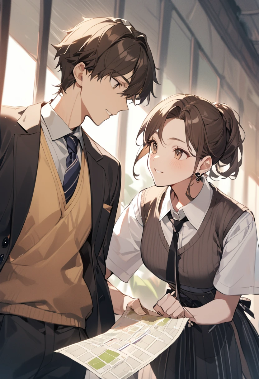  
1girl( long straight brown hair, heart earrings, , knit vest, ribbon tie,H line skirt, 17 years old)
1boy( , shirt, tie, business suit,18years old) 
they close, couple, men taller than her, men kidding her, bring at paper map 