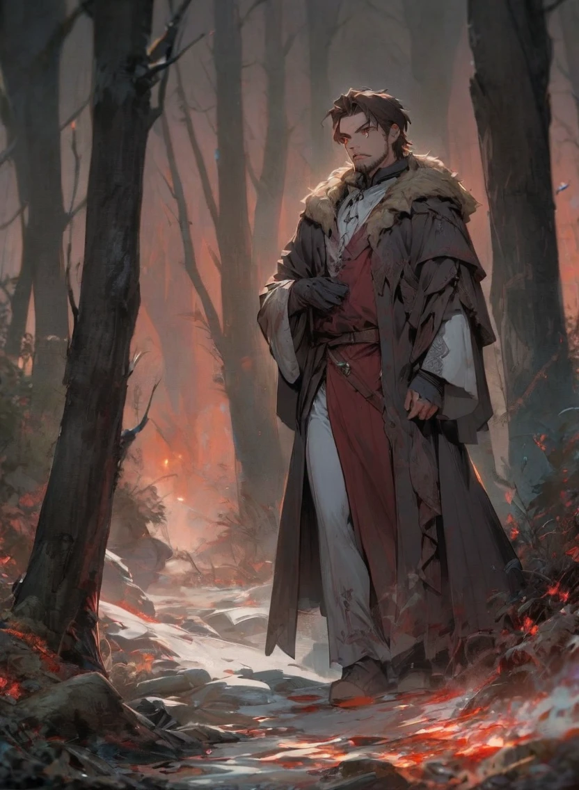 middle age man ,Male Dark, dark Woods, cold red colors, man brown hair with red eye, Warlock dnd , undead body