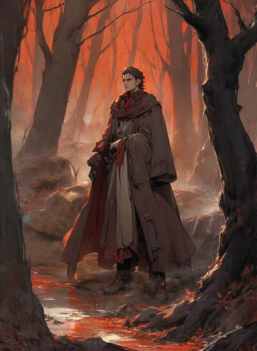 middle age man ,Male Dark, dark Woods, cold red colors, man brown hair with red eye, Warlock dnd , undead body