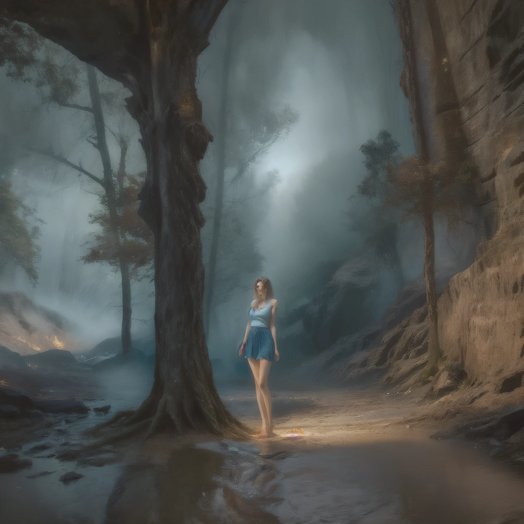 A highly detailed and hyper-realistic depiction of a princess in green skirt, in blue shirt, fire elemental girl, wearing white panties, Realistic hands. ((full body)), mybeauties, The perspective is from below. ((Full body, bare feet)). The character is surrounded by mist, evoking a mysterious and eerie atmosphere. The lighting is dark and atmospheric, with a red smoke adding a touch of sinister ambiance. The image is of the best quality, with a resolution of 4k and HDR enhancement, showcasing the utmost level of detail and realism, sfw, full body shot.