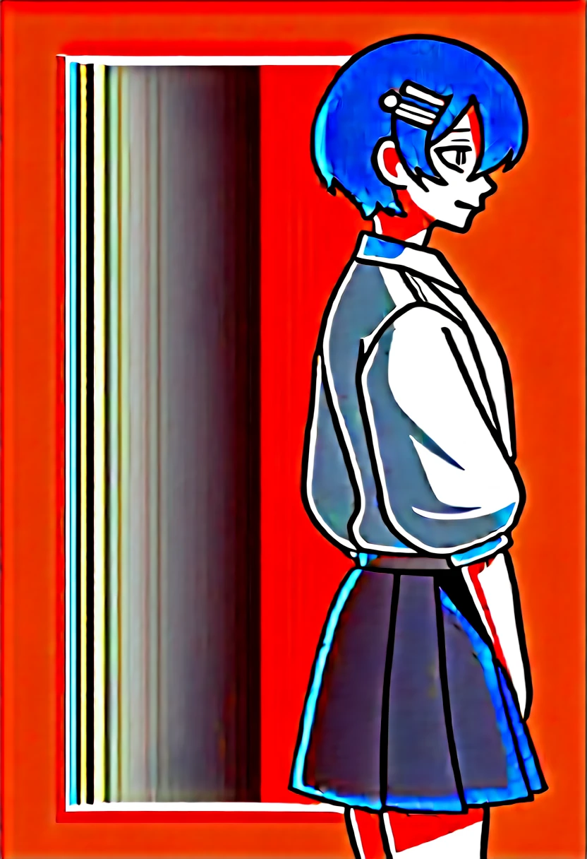 (masterpiece, best quality:1.2)((silver white hair))((violet eyes)),solo,1girl,((eyes tilted outwards)), ((close up photo)), mature_female, milf, animal_ears,averting_eyes,standing_fox_ears,fluffy_fox_tail,hair_between_eyes,basic_blue_hairpin,short_hair, bob_hair, casual_clothing, puffy_sleeves, wide_sleeves, girly_clothes, pleated_skirt, ((set of reference images from front and profile))