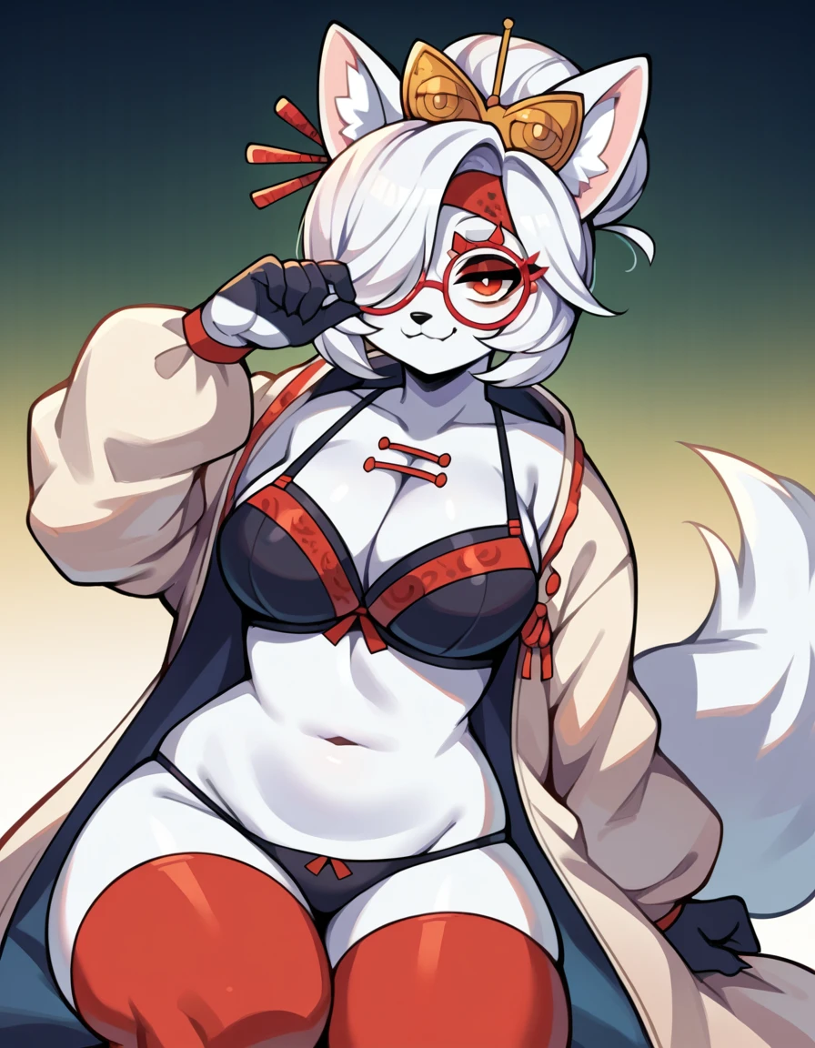 score_9, score_7_up score_6_up, score_5_up, source_furry, source_anime, BREAK Anthro, Anthro furry arctic fox, fox ears and tail, snout, one eye covered, purah,hair ornament, red headband, red glasses, white coat, black bra, cleavage, black thong, red thigh highs, gloves,looking at viewer,abstract background, smug,closed mouth, adjusting her glasses, 