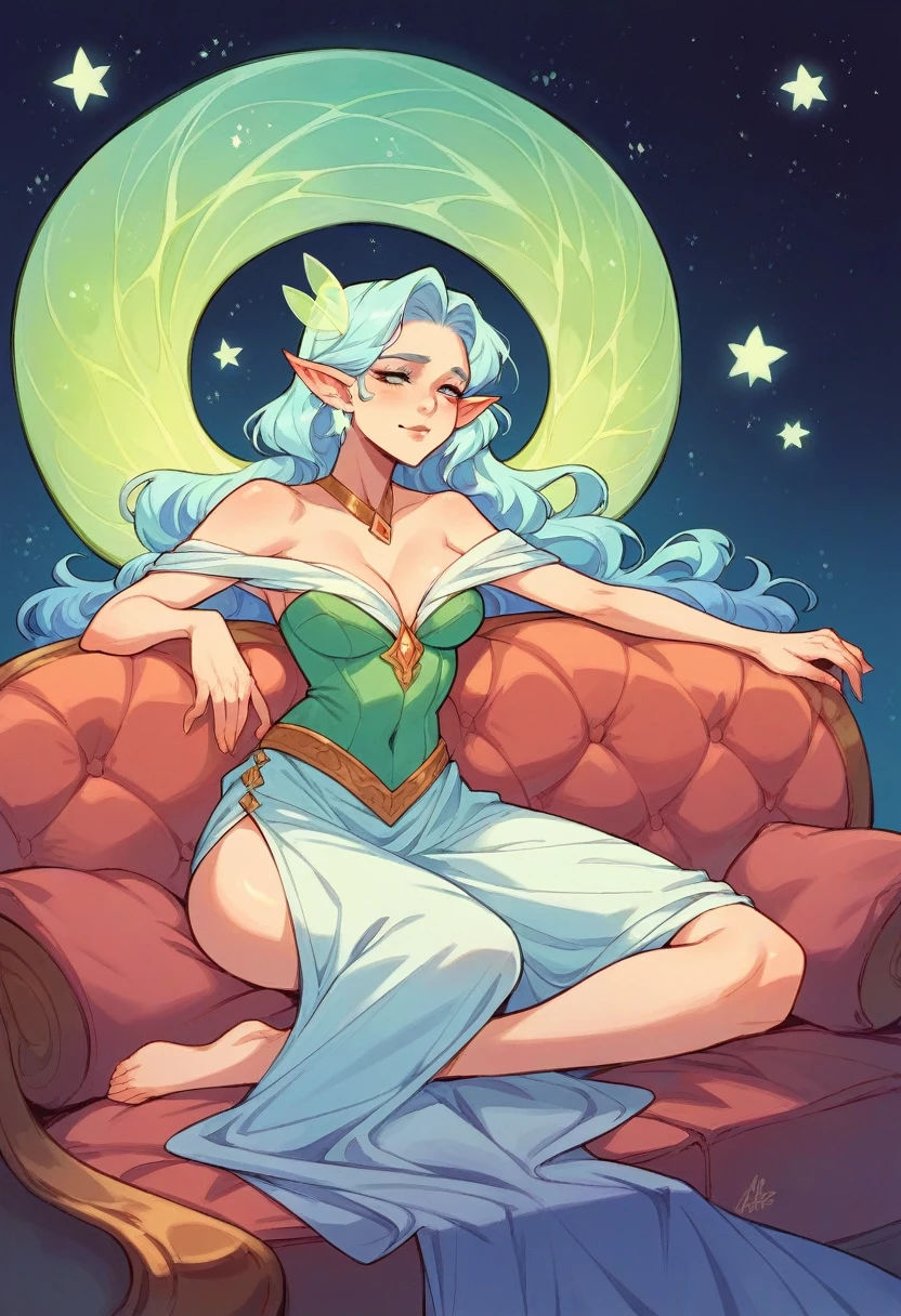 Create an image where the cozy, relaxed indoor setting transforms into a whimsical dream world. Imagine that the woman lounging on the couch is in a room where the walls fade into a starry night sky. The couch floats gently among clouds, and small, ethereal creatures like fairies or glowing orbs are scattered around. The overall vibe should be one of comfort and enchantment, blending the serene indoor scene with a fantastical, otherworldly ambiance.